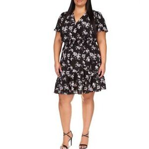 Michael Kors Floral Flutter Sleeve Mini Wrap Dress Black White Plus Size NWT